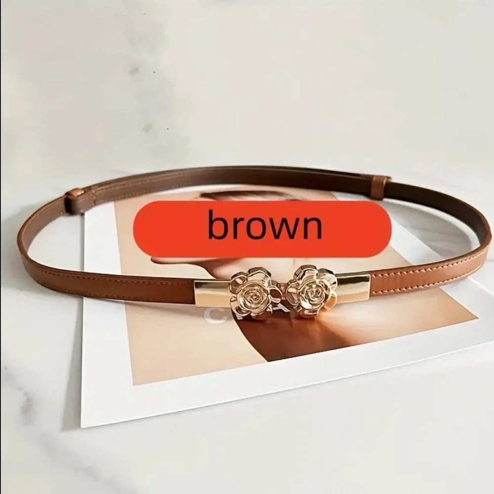 NEW| Women’s Brown Vintage Rose Buckle Matte Skinny Belt